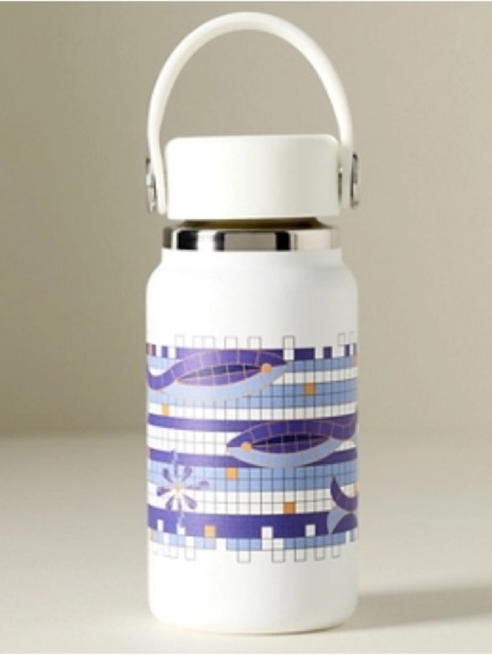 White Ceramic-Style Insulated Water Bottle with Blue Mosaic Pattern